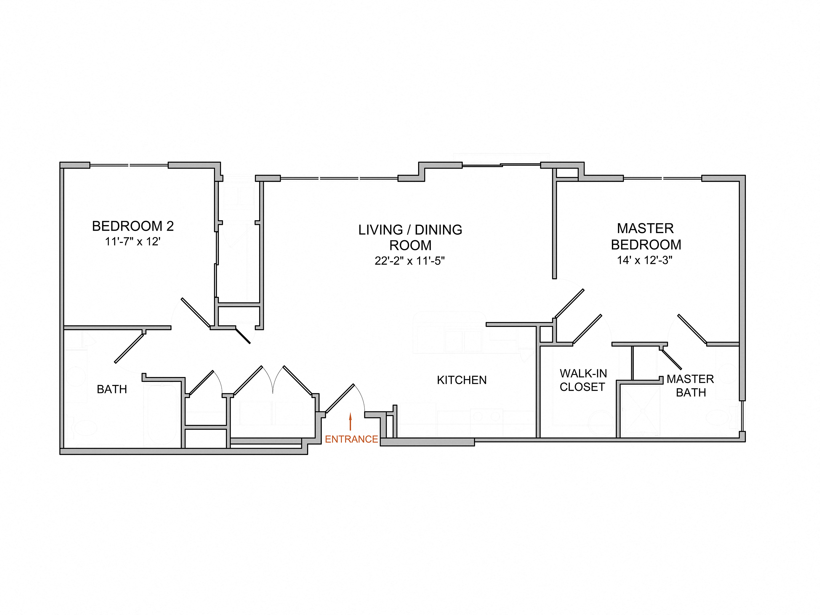 Floor plan for 2 beds, 2 baths, 1100 sqft